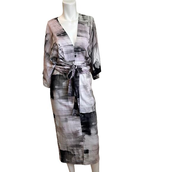 ASOS Design Gray Abstract Print Kimono Style Wide Sleeve Midi Dress 0 Tall NWT - Picture 1 of 13